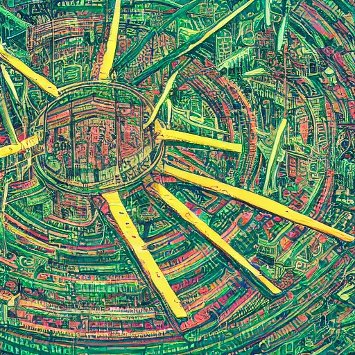 Image similar to hyper detailed aerial top down comic illustration of a man eaten by a machine in the centre of the composition, encircled by cybernetic gateways, by peter doig, very detailed, 4k, highly detailed, 8k wallpaper