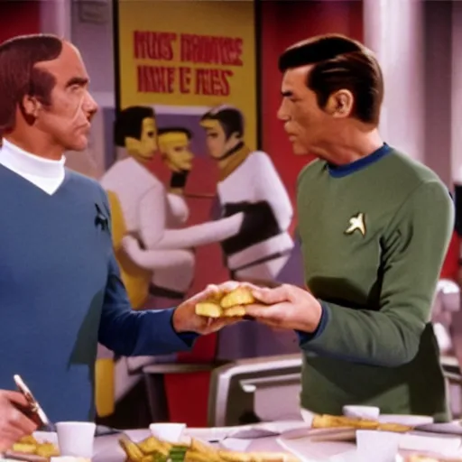 Prompt: French Fries as Star Trek Characters fighting Star fleet officers in the mess, still from star trek,