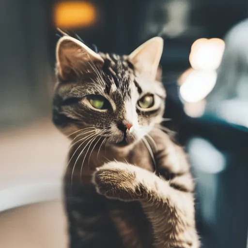 Prompt: “photograph of cat sitting like a human, holding a can of beer, hd, 8k”