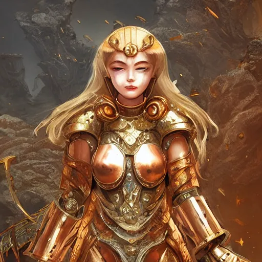 Image similar to portrait knights of Zodiac girl, golden and copper armor, in ruined Agora of Athens, ssci-fi, fantasy, intricate, very very beautiful, elegant, highly detailed, digital painting, artstation, concept art, smooth, sharp focus, illustration, art by tian zi and WLOP and artgerm