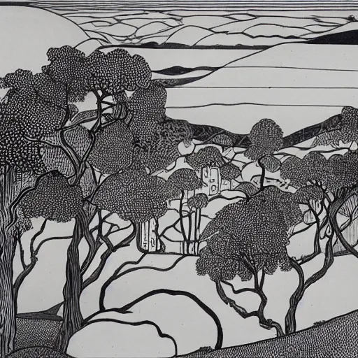 Prompt: Landscape, by Aubrey Beardsley.