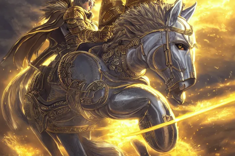 Prompt: an ultra detailed portrait of king richard the lionhearted as a shonen anime protagonist charging into battle wearing bright gold armor and riding a horse bless by god, 8 k, volumetric lighting, smooth, highly detailed, digital illustration, art by kentaro miura and akira toriyama and artgerm