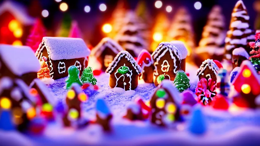 Image similar to closeup of colorful miniature gingerbread candy village at night, fantasy, fairytale, forest, christmas, snow, bokeh, depth of field 1 0 0 mm, cinematic scene, studio quality, visually stunning, unreal engine, octane render, trending on artstation, artgerm, cgsociety