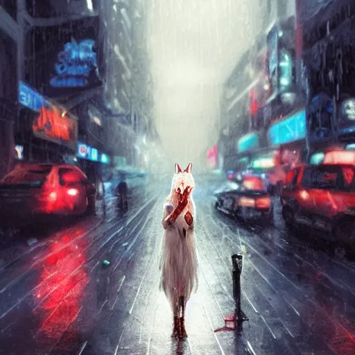 Image similar to white anthropomorphic female vulpes vulpes fulva, smoking a cigarette in the rain, in crowded and wet street of a city, cyberpunk, harsh neon lights, highly detailed, digital painting, trending on artstation, concept art, sharp focus, illustration, art by artgerm and greg rutkowski and magali villeneuve