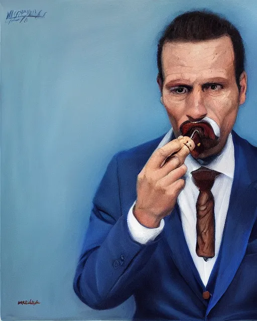 Image similar to Hyper realistic oil portrait of a man in his thirties smoking a cigar, dressed in a blue suit, by Mosh Art, trending on artstation