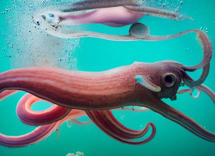 Prompt: underwater photo still of a squid with a donut on its head, 4 k, 8 5 mm, f 1 6