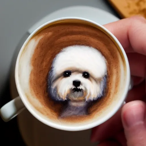 Image similar to a closeup photorealistic photograph of barista drawing bichon frise shaped latte art in a cup. professional capture, well lit shot. this 4 k hd image is trending on artstation, featured on behance, well - rendered, extra crisp, features intricate detail, epic composition and the style of unreal engine.