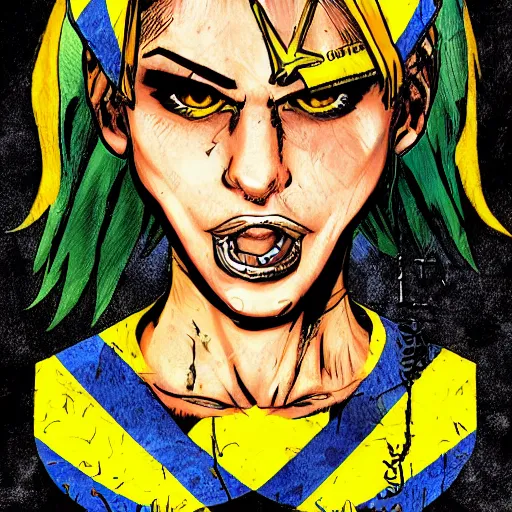 Image similar to tank girl comic, ultra detailed face, ukrainan flag, by alessandra vitelli