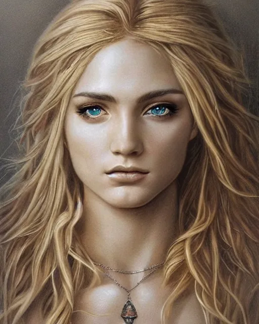 Image similar to pencil drawing of beautiful greek goddess aphrodite with arrowhead jewelry, beautiful piercing eyes, beautiful blonde hair, hyper realistic face, in the style of greg rutkowski, fantasy, amazing detail, epic, elegant, smooth, sharp focus, from the front