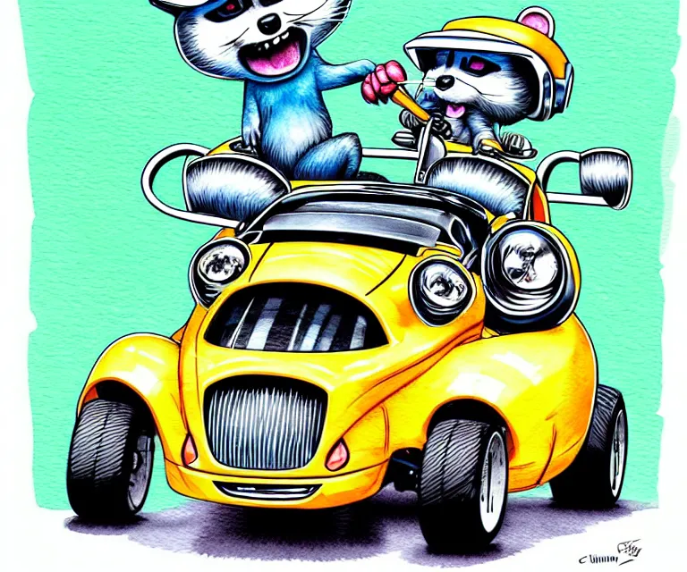 Image similar to cute and funny, racoon wearing a helmet riding in a tiny hot rod 2 0 0 2 plymouth prowler with oversized engine, ratfink style by ed roth, centered award winning watercolor pen illustration, isometric illustration by chihiro iwasaki, edited by range murata, details by artgerm