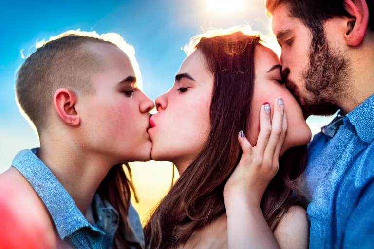 Image similar to girl kiss man, poster, ultra realistic!!!, hdr, clear weather, golden hour, sharp focus