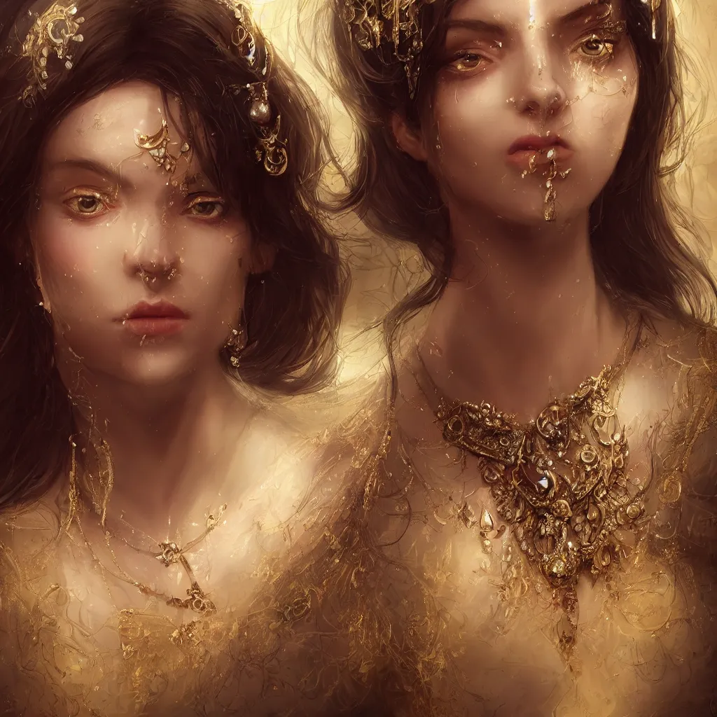 Image similar to realistic character concept, young princess with lots of jewelry in the face, elegant pose, scifi, illustration, slender symmetrical face and body, artstation, cinematic lighting, hyperdetailed, cgsociety, 8 k, high resolution, charlie bowater, tom bagshaw, single face, insanely detailed and intricate, beautiful, elegant, golden ratio, dark fractal background, vfx, postprocessing