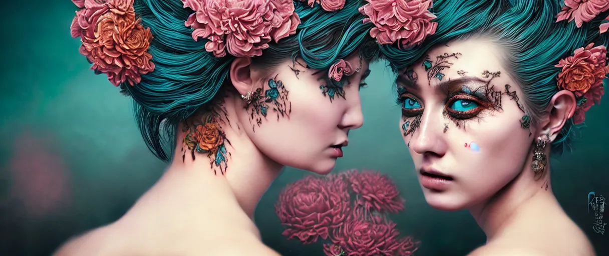 Image similar to hyperrealistic hyper detailed close-up side portrait of gorgeous woman covered in rococo flower tattoos matte painting concept art hannah yata very dramatic dark teal lighting low angle hd 8k sharp 35mm shallow depth of field