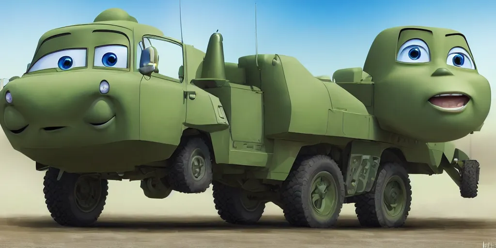 Image similar to HIMARS with missile, eyes and smile, Cars Pixar movie style, detailed, green, digital art