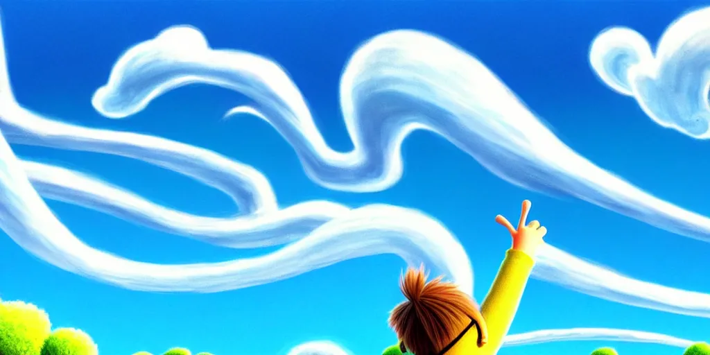 Image similar to cartoon concept art, clean blue sky, spiral clouds, from lorax movie