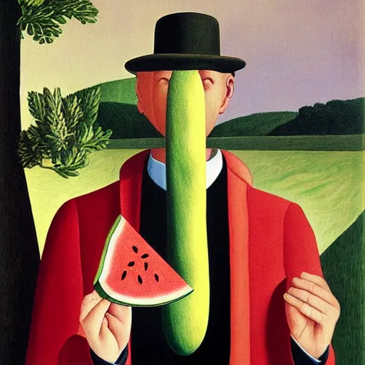 Prompt: painting man with watermelon by Rene Magritte