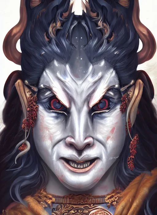 Image similar to a beautiful detailed oil on copper art illustration of a oni hannya mask shogun dragon woman, centered, by charlie bowater, zeng fanzh, trending on artstation, dim dusk lighting, cinematic lighting, detailed lighting, volumetric lighting, realistic, f 8, 4 k hd wallpaper