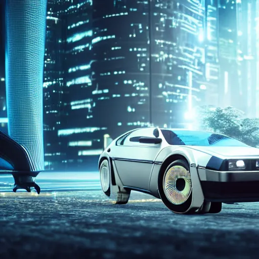 Prompt: a futuristic cyber city sharp photorealistic octane render, bokeh in the background only, a futuristic curvy delorean hover in the foreground, deep perspective
