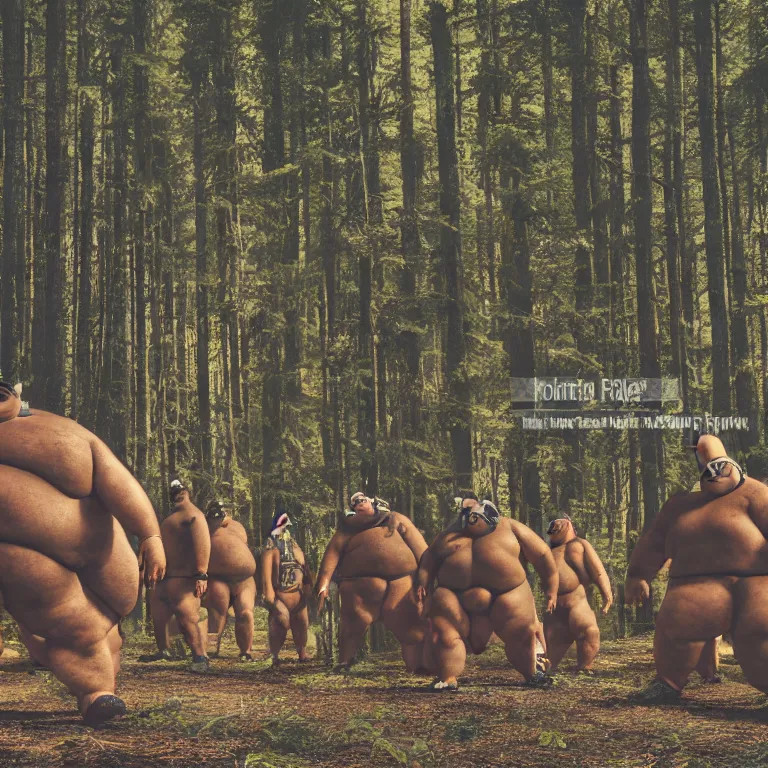 Image similar to a tribe of fat man levitating in a pine forest , ektachrome hyper realistic and detailed, wear heavy heavy ornemental costumes and elongate bones masks