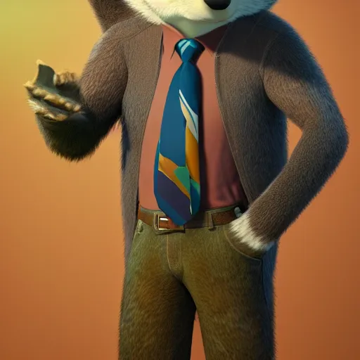 Prompt: portrait, 3d render , anthropomorphic wolf male , wearing a knee length brown jacket , in the style of Zootopia