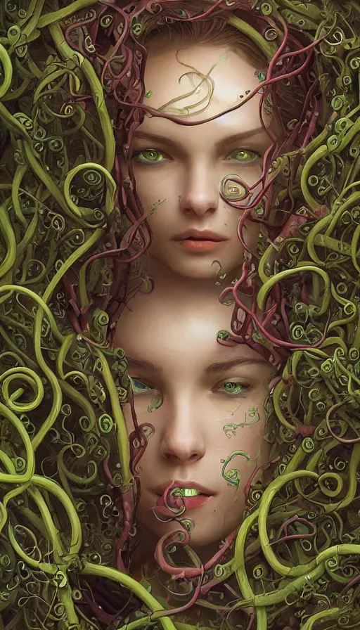 Prompt: very detailed portrait of a 2 0 years old girl surrounded by tentacles, the youg woman visage is blooming from fractal and vines, by marc simonetti