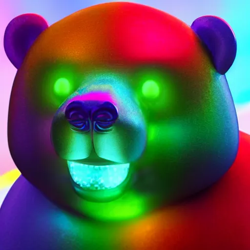 Prompt: multicolored crystal bear statue, magical, light background, 8 k, unreal engine, octane render, hyperrealistic, rim light