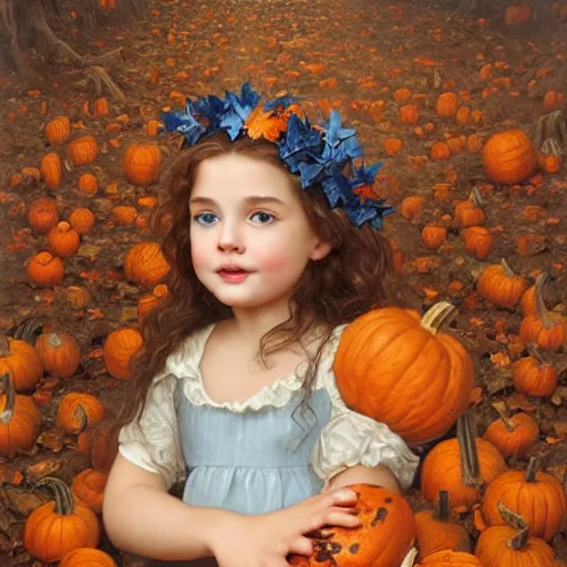 Image similar to a cute little girl with light brown wavy curly hair and blue eyes sitting amidst piles of pumpkins. beautiful cute highly detailed face. she is wearing a crown of autumn leaves. autumn and fall and halloween themed painting by artgerm and greg rutkowski and bouguereau.