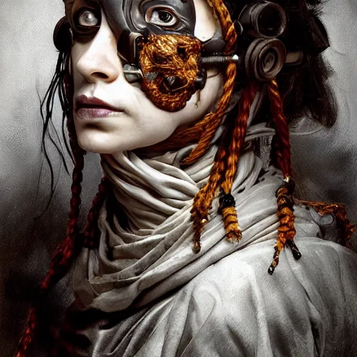 Image similar to portrait of a Shibari rope wrapped face and neck, headshot, insanely nice professional hair style, dramatic hair color, digital painting, of a old 17th century, old cyborg merchant, mouth wired shut, amber jewels, baroque, ornate clothing, scifi, realistic, hyper detailed, chiaroscuro, concept art, art by Franz Hals and Jon Foster and Ayami Kojima and Amano and Karol Bak,