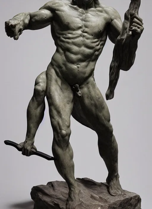 Image similar to a full figure rough marble sculpture of Giant Orc holding a sword by Rodin and Bernini