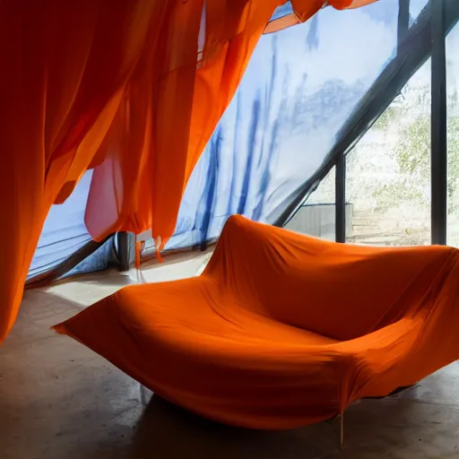 Prompt: photo inside a fabric house. The walls and ceiling are draped in billowing translucent deep orange fabric. The room is finished with contemporary furniture by the campana brothers. The wind is blowing. The space glows with natural light.