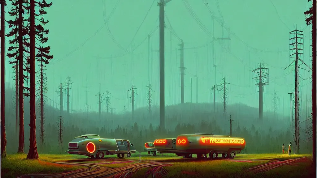 Image similar to Clean, Cheap Abundant,Nuclear Energy Future, Forest in Harmony with Nature; Location: San Francisco, California; by Simon Stålenhag; retro-futuristic ; retro natural-futurism;