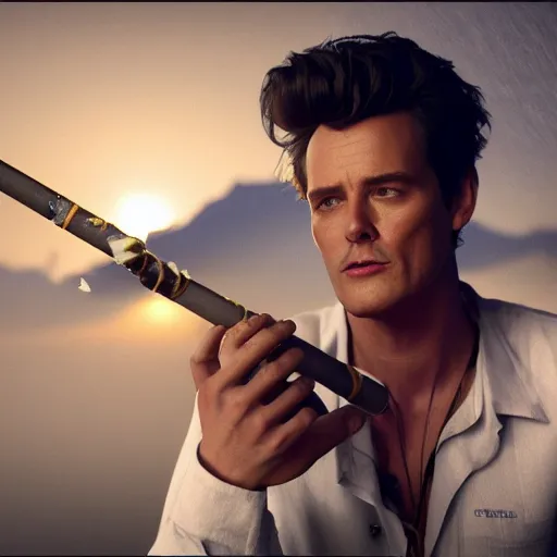 Image similar to hyperrealistic dslr film still of ace ventura smoking cracknpipe, stunning 8 k octane comprehensive 3 d render, inspired by istvan sandorfi & greg rutkowski & unreal engine, perfect symmetry, dim volumetric cinematic lighting, extremely hyper - detailed, extremely lifelike attributes & lifelike texture, intricate, masterpiece, artstation, stunning