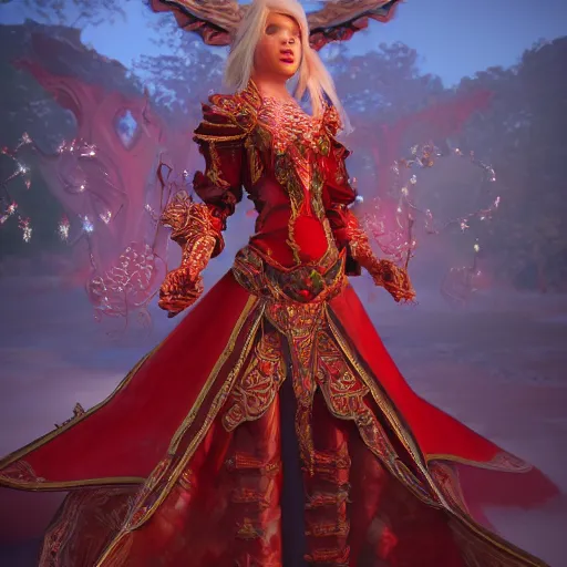 Image similar to minagho, pathfinder wrath of the righteous, demon girl, gorgeous, ornate dashing red garments, earrings, perfect symmetry face, intricate portrait, red dress, ashen blonde hair, 8 k resolution, volumetric lighting, trending on art station, magic realism, octane rendering, unreal engine 5