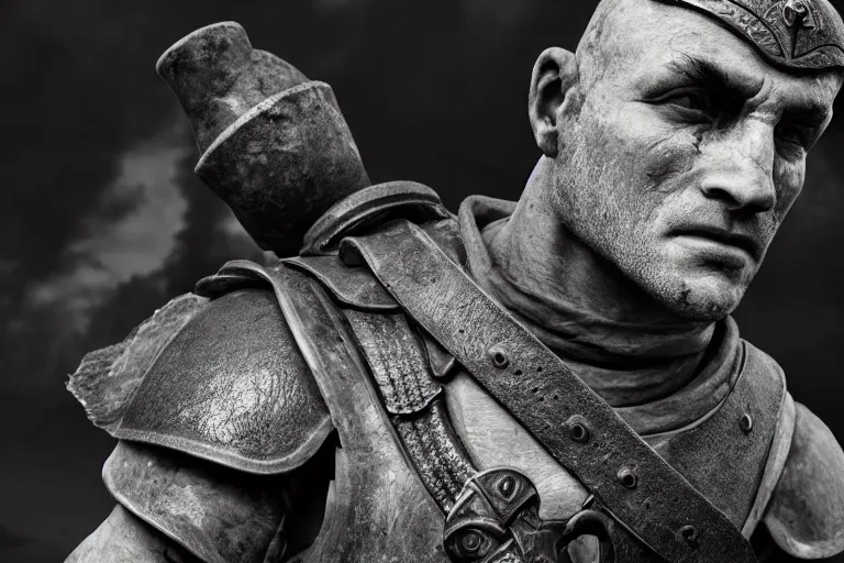 Image similar to still photo of 1 st century war man looking at the camera in a battlefield, black and white color aesthetic, highly detailed, photorealistic portrait, bright studio setting, studio lighting, crisp quality and light reflections, unreal engine 5 quality render