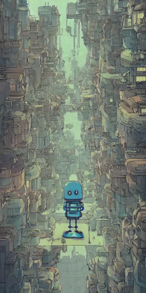 Image similar to a study of cell shaded cartoon of a single lonely robot lost in a dystopian city, illustration, wide shot, concept art by josan gonzales and wlop, by james jean, victo ngai, david rubin, mike mignola, laurie greasley, highly detailed, sharp focus, trending on artstation, hq, deviantart, art by artgem