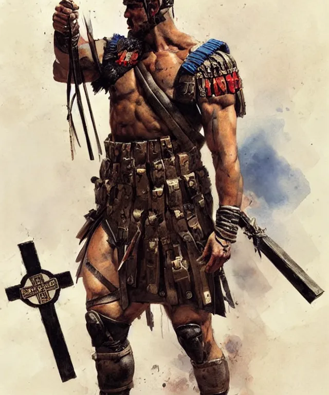 Image similar to muscular roman soldier with a white cross in the chest by simon bisley and greg rutkowski, full body armor! vivid color scheme