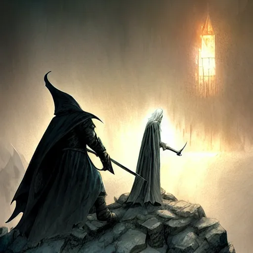 Image similar to gandalf the white facing the witch - king of angmar by marc simonetti