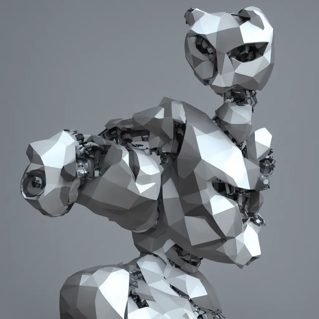 Prompt: robot cat made out of low poly metal, glossy white finish, 33mm close up photo