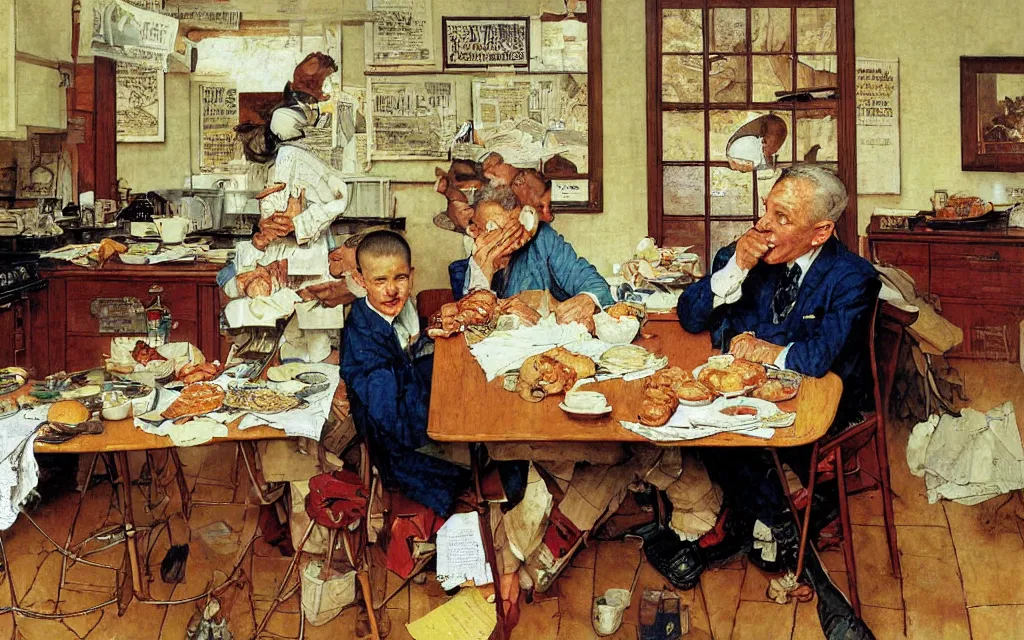 Prompt: benjamin netayahu eating breakfast in his kitchen, newspapers on the table and counter, by norman rockwell