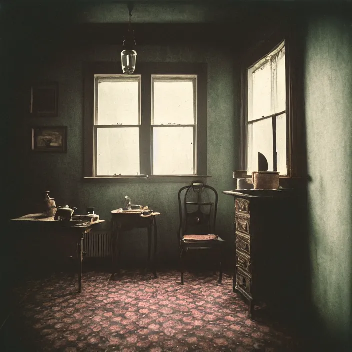 Image similar to kodak portra 4 0 0, wetplate, fisheye, award - winning portrait by britt marling, 1 8 8 0 s kitchen, ghost, picture frames, shining lamps, dust, smoke, 1 8 8 0 s furniture, wallpaper, carpet, books, muted colours, wood, fog, plants, flowers