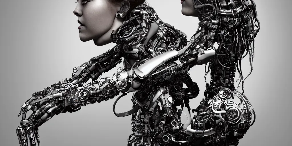 Image similar to hyperrealistic photography of a stunningly beautiful cyborg female, mechanical elbow, plated arm, intimate, holding hands, in the style of beth cavener, jin kagetsu,, and wlop, highly detailed, intricate, face symmetry, masterpiece, award - winning, sharp focus, concept art, high key, ambient lighting, 8 k, octane render, artstation