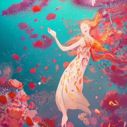 Image similar to Ginger woman in a swirling sundress of flowers, underwater, floral explosion, radiant light, vortex of plum petals, by WLOP, Victo Ngai and artgerm, artstation, deviantart