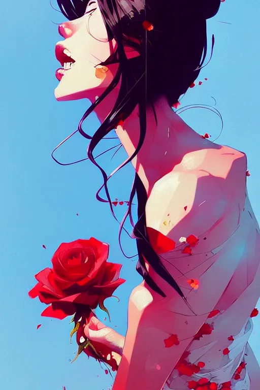 Image similar to a ultradetailed beautiful panting of a stylish woman holding a rose, by conrad roset, greg rutkowski and makoto shinkai, trending on artstation