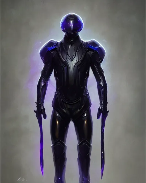 Image similar to character concept of iridescent sinewy smooth muscular male sleek glossy indigo black pearlescent scifi armor with continuous smooth black featureless helmet, by greg rutkowski, mark brookes, jim burns, tom bagshaw, magali villeneuve, trending on artstation