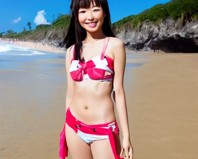 Prompt: japanese model girl smiling at camera at the beach show head