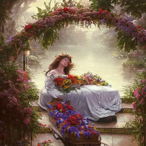 Image similar to an elaborate floating coffin with a mysterious woman sleeping and holding a large bouquet of flowing flowers, hands hidden under the bouquet, side view, fantasy, regal, intricate, by stanley artgerm lau, greg rutkowski, thomas kindkade, alphonse mucha, loish, norman rockwell