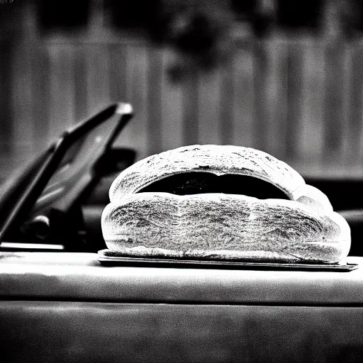 Image similar to car in bread, photograph, 4 k black and white photograph