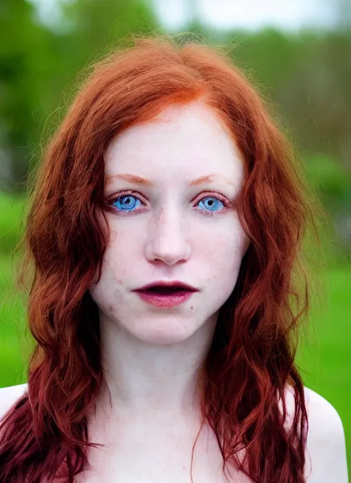 Image similar to close up portrait of a ( thin young redhead woman with russian descent, sunbathed skin, with ( intricate symmetrical deep blue eyes with ( round black pupils ) ) and ( wavy long maroon colored hair ) who looks directly at the camera with a ( slightly open mouth ) ). face takes up half of the photo. a park visible in the background. by luis royo.