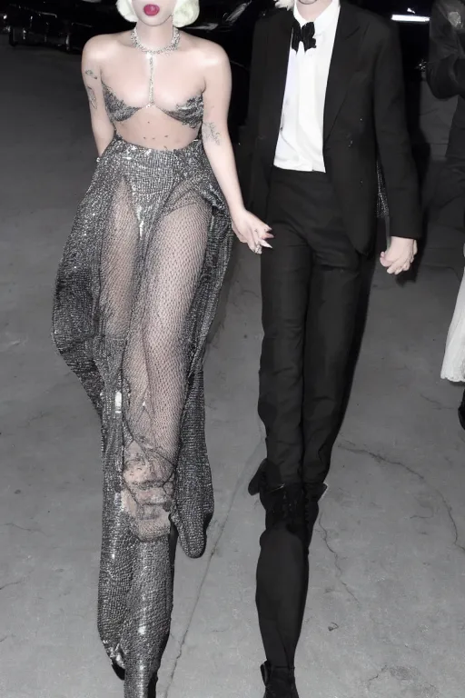 Image similar to timothee chalamet and lady gaga holding hands, beautiful detailed faces, canon eos, featured, flash lighting