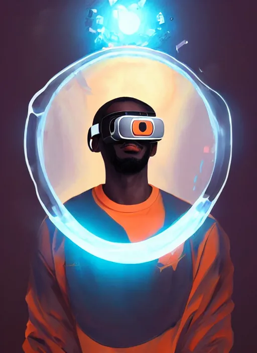 Image similar to handsome black genius hacking the metaverse, vr headset, white t - shirt and jordans floating, three dimensional holographs and translucent orange glow, highly detailed, digital painting, artstation, concept art, smooth, sharp focus, illustration, art by wlop, uang guangjian and gil elvgren and sachin teng and greg rutkowski